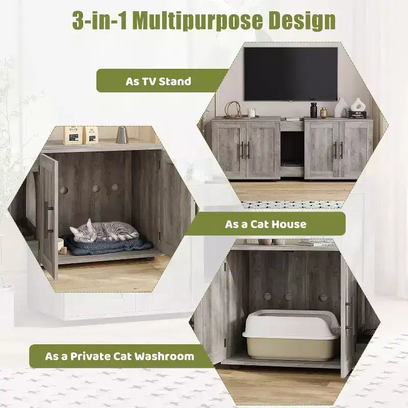 Meuble Cache Litière Acekool pour Chat, Grande Maison de Toilette Dissimulée avec Griffoir et Plateau de Rangement, 140 cm
