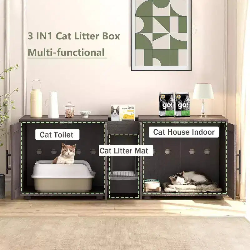 Meuble Cache Litière Acekool pour Chat, Grande Maison de Toilette Dissimulée avec Griffoir et Plateau de Rangement, 140 cm