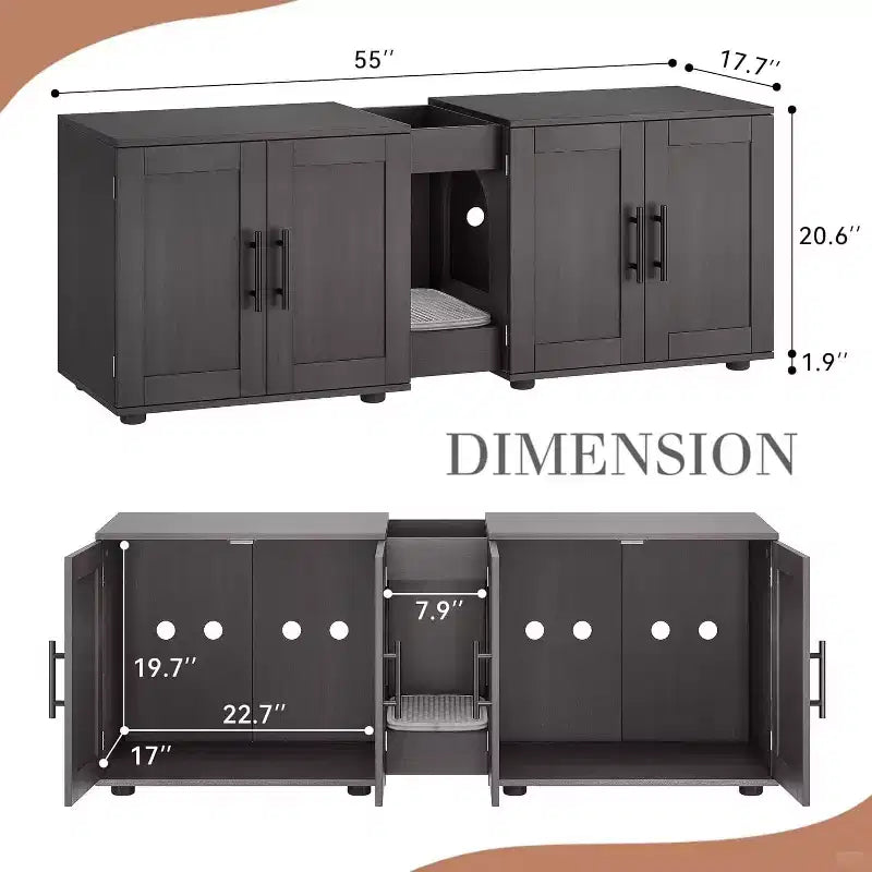 Meuble Cache Litière Acekool pour Chat, Grande Maison de Toilette Dissimulée avec Griffoir et Plateau de Rangement, 140 cm