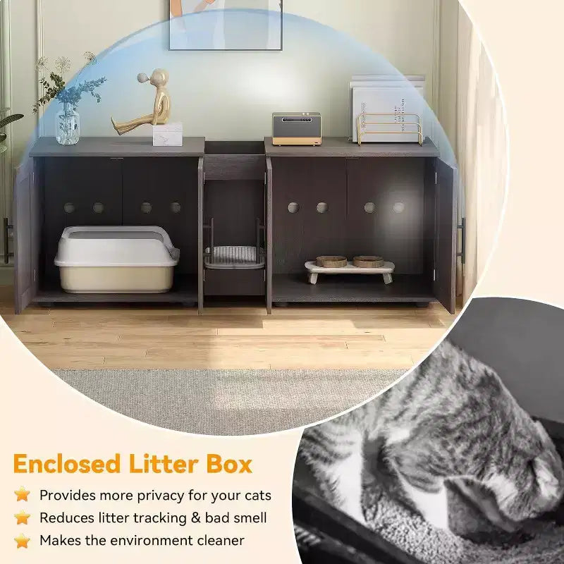 Meuble Cache Litière Acekool pour Chat, Grande Maison de Toilette Dissimulée avec Griffoir et Plateau de Rangement, 140 cm