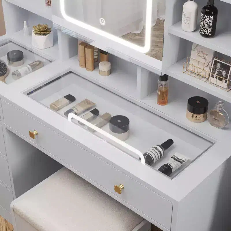 Ensemble de coiffeuse en panneaux de particules de lin blanc avec plateau en verre trempé Triamine