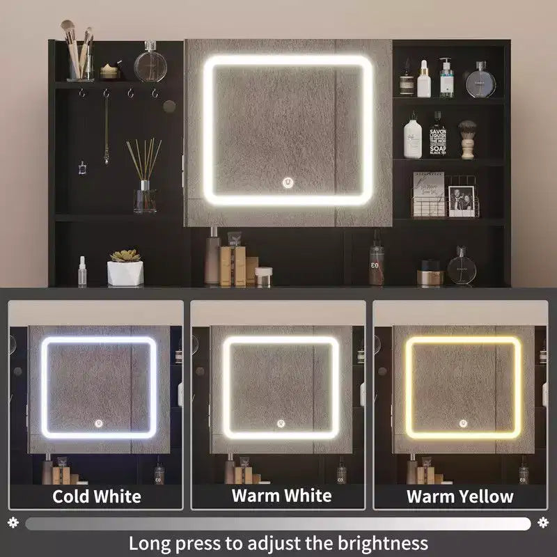 Ensemble de coiffeuse en panneaux de particules de lin blanc avec plateau en verre trempé Triamine