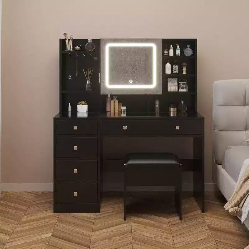 Ensemble de coiffeuse en panneaux de particules de lin blanc avec plateau en verre trempé Triamine