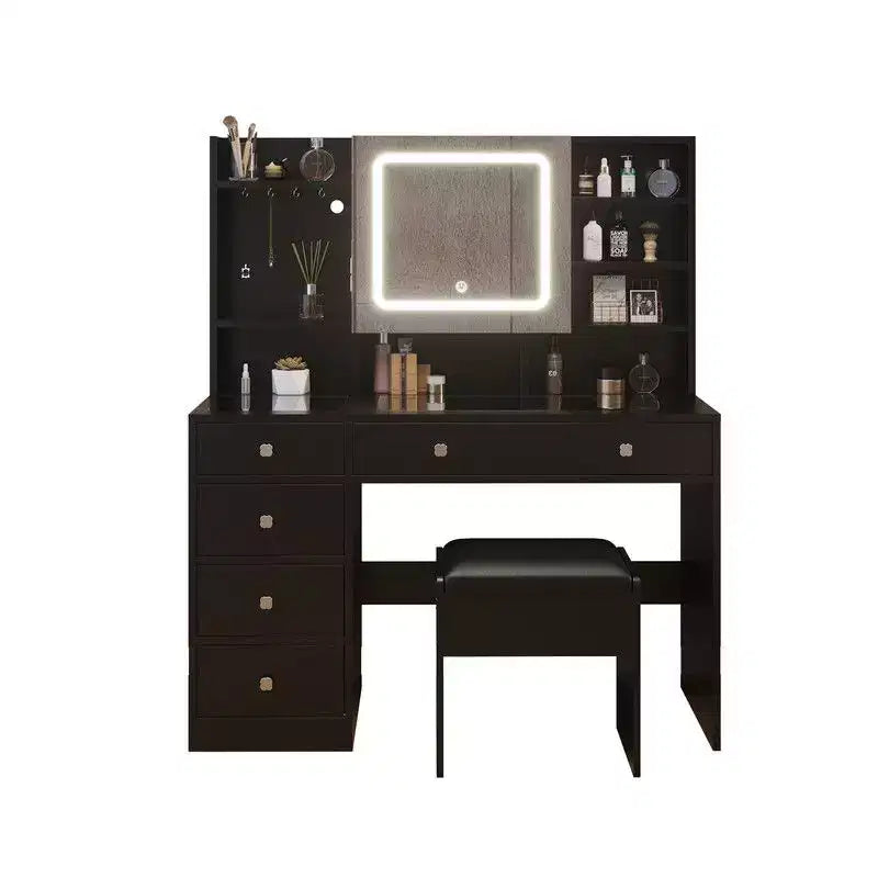 Ensemble de coiffeuse en panneaux de particules de lin blanc avec plateau en verre trempé Triamine