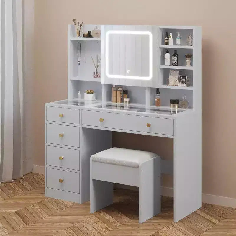 Ensemble de coiffeuse en panneaux de particules de lin blanc avec plateau en verre trempé Triamine