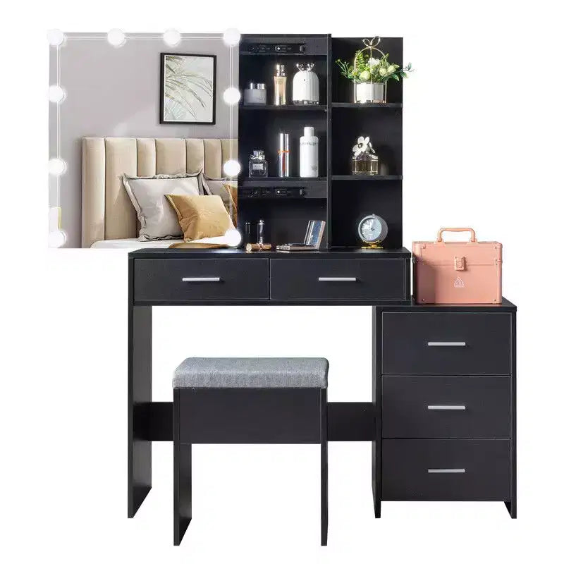 Table de toilette avec miroir et ampoules LED à trois couleurs dimmables, armoire de rangement coulissante, 5 tiroirs et 2 étagères, en panneaux de particules de lin noir avec triclosan