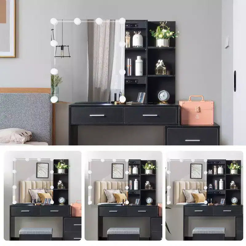 Table de toilette avec miroir et ampoules LED à trois couleurs dimmables, armoire de rangement coulissante, 5 tiroirs et 2 étagères, en panneaux de particules de lin noir avec triclosan