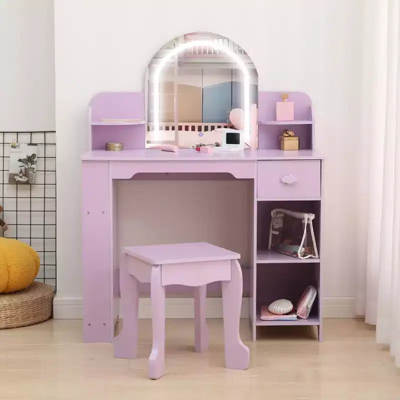 Coiffeuse GustoWave pour enfants avec miroir et tabouret, bibliothèque, tiroir de rangement et étagères pour filles de 3 à 9 ans, violet