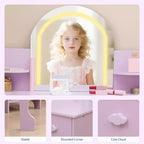 Coiffeuse GustoWave pour enfants avec miroir et tabouret, bibliothèque, tiroir de rangement et étagères pour filles de 3 à 9 ans, violet