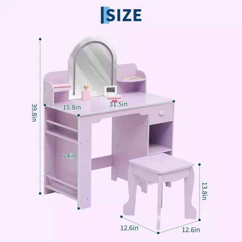 Coiffeuse GustoWave pour enfants avec miroir et tabouret, bibliothèque, tiroir de rangement et étagères pour filles de 3 à 9 ans, violet