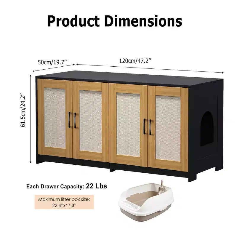 Meuble double cache-litière pour 2 chats | Grand meuble caché de 120 cm avec portes en sisal, meuble TV/table d'appoint multi-fonctionnel pour chats