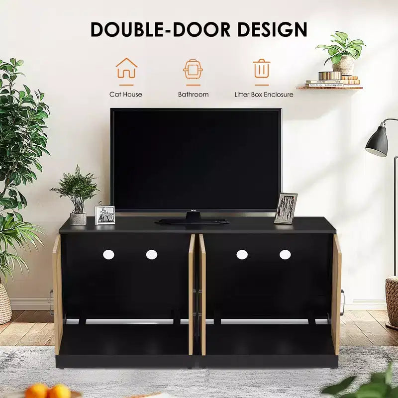 Meuble double cache-litière pour 2 chats | Grand meuble caché de 120 cm avec portes en sisal, meuble TV/table d'appoint multi-fonctionnel pour chats
