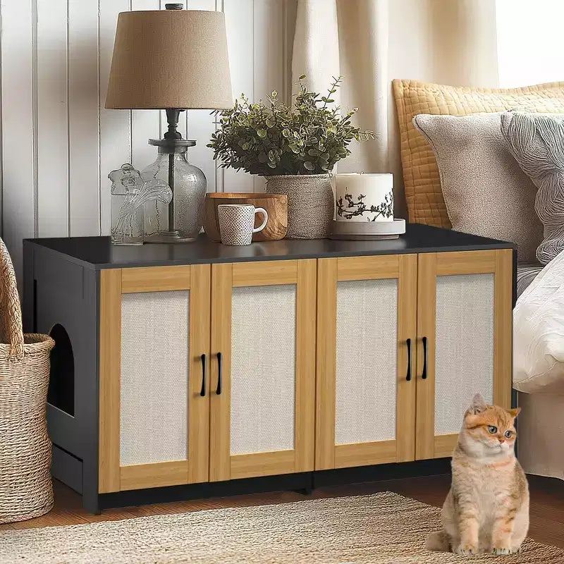 Meuble double cache-litière pour 2 chats | Grand meuble caché de 120 cm avec portes en sisal, meuble TV/table d'appoint multi-fonctionnel pour chats