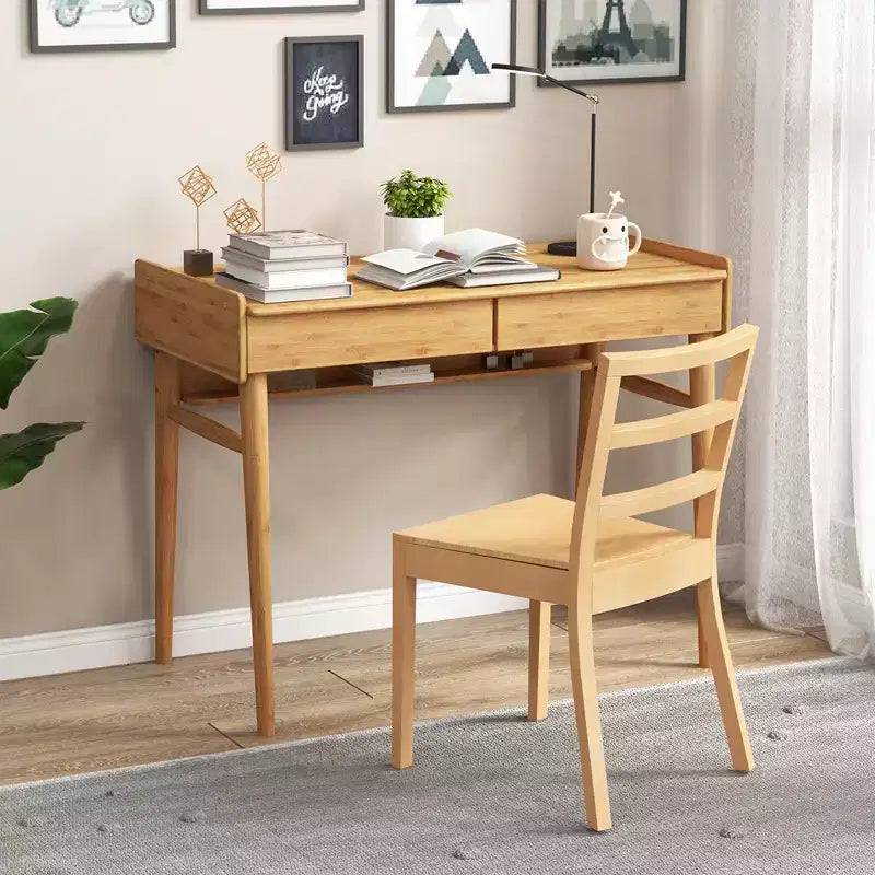 Costway Bureau en Bambou 39.5 Table d'Étude Informatique avec 2 Tiroirs de Rangement et Étagère Ouverte