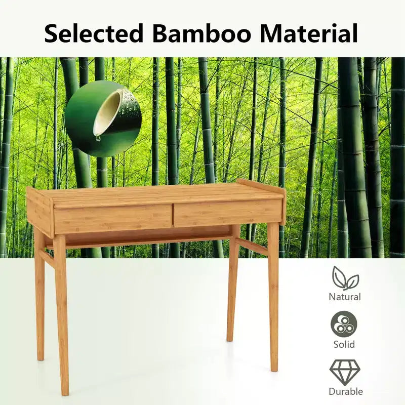 Costway Bureau en Bambou 39.5 Table d'Étude Informatique avec 2 Tiroirs de Rangement et Étagère Ouverte