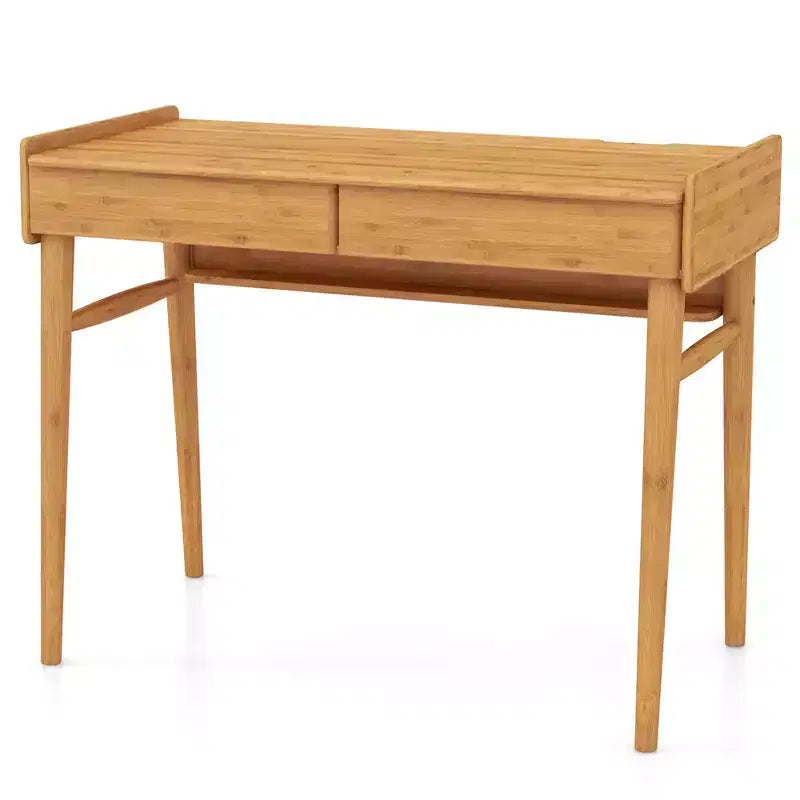 Costway Bureau en Bambou 39.5 Table d'Étude Informatique avec 2 Tiroirs de Rangement et Étagère Ouverte