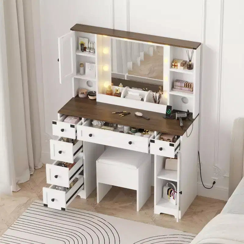 Coiffeuse et tabouret GustoWave, coiffeuse avec lumières, coiffeuse blanche avec station de recharge, 6 tiroirs et placards