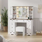 Coiffeuse et tabouret GustoWave, coiffeuse avec lumières, coiffeuse blanche avec station de recharge, 6 tiroirs et placards