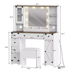 Coiffeuse et tabouret GustoWave, coiffeuse avec lumières, coiffeuse blanche avec station de recharge, 6 tiroirs et placards