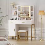Coiffeuse de chambre avec lampe et prise de courant, coiffeuse en bois avec 2 tiroirs, 9 étagères ouvertes, 2 armoires, coussin et tabouret