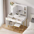 Coiffeuse de chambre avec lampe et prise de courant, coiffeuse en bois avec 2 tiroirs, 9 étagères ouvertes, 2 armoires, coussin et tabouret