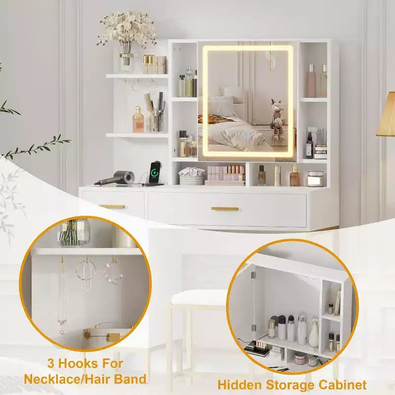 Coiffeuse de chambre avec lampe et prise de courant, coiffeuse en bois avec 2 tiroirs, 9 étagères ouvertes, 2 armoires, coussin et tabouret