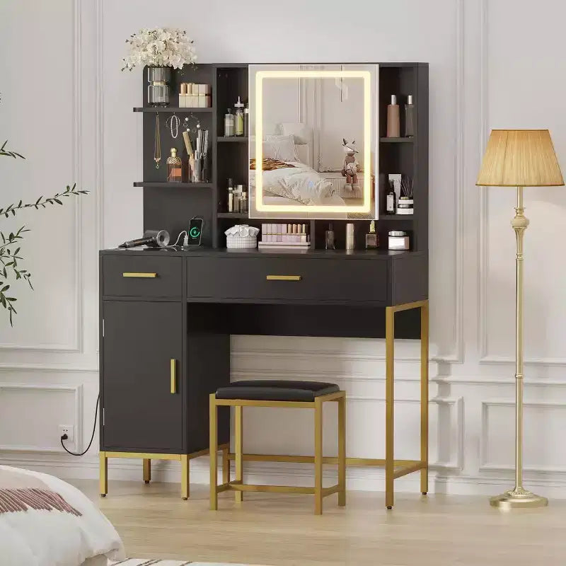 Coiffeuse de chambre avec lampe et prise de courant, coiffeuse en bois avec 2 tiroirs, 9 étagères ouvertes, 2 armoires, coussin et tabouret