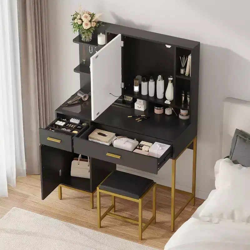 Coiffeuse de chambre avec lampe et prise de courant, coiffeuse en bois avec 2 tiroirs, 9 étagères ouvertes, 2 armoires, coussin et tabouret