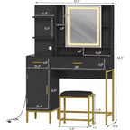 Coiffeuse de chambre avec lampe et prise de courant, coiffeuse en bois avec 2 tiroirs, 9 étagères ouvertes, 2 armoires, coussin et tabouret