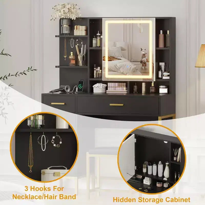 Coiffeuse de chambre avec lampe et prise de courant, coiffeuse en bois avec 2 tiroirs, 9 étagères ouvertes, 2 armoires, coussin et tabouret