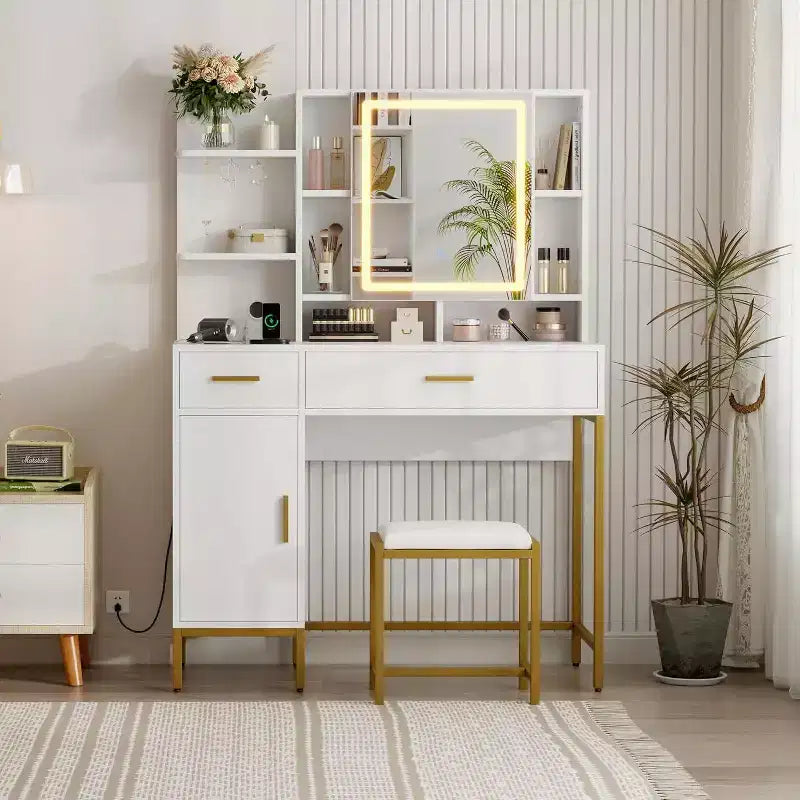 Coiffeuse de chambre avec lampe et prise de courant, coiffeuse en bois avec 2 tiroirs, 9 étagères ouvertes, 2 armoires, coussin et tabouret
