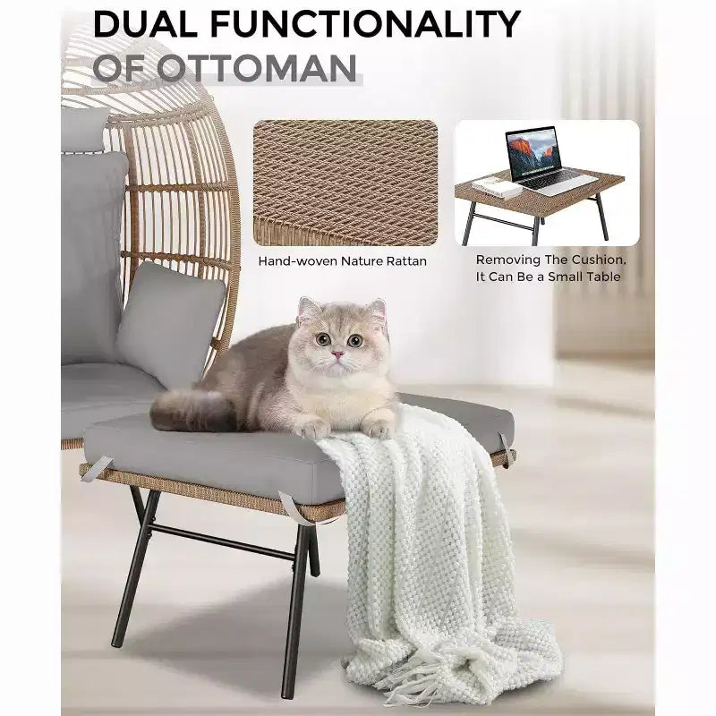 Fauteuil œuf surdimensionné Acekool avec ottoman, chaise longue de patio en rotin PE avec coussins, siège intérieur et extérieur pour jardin et salon