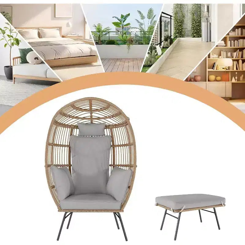 Fauteuil œuf surdimensionné Acekool avec ottoman, chaise longue de patio en rotin PE avec coussins, siège intérieur et extérieur pour jardin et salon
