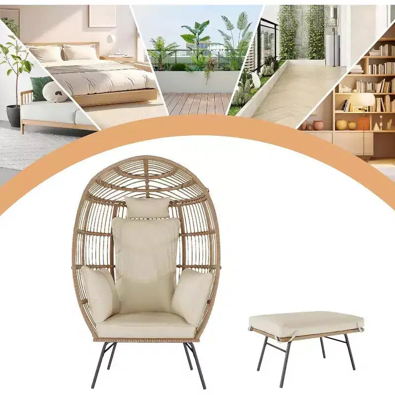 Fauteuil œuf surdimensionné Acekool avec ottoman, chaise longue de patio en rotin PE avec coussins, siège intérieur et extérieur pour jardin et salon