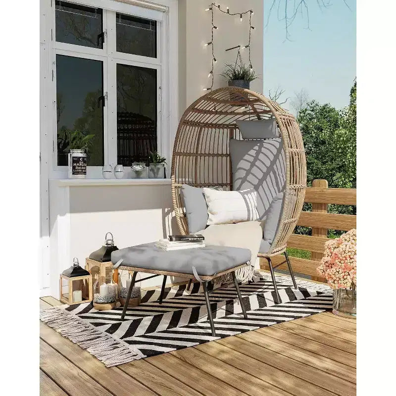 Fauteuil œuf surdimensionné Acekool avec ottoman, chaise longue de patio en rotin PE avec coussins, siège intérieur et extérieur pour jardin et salon