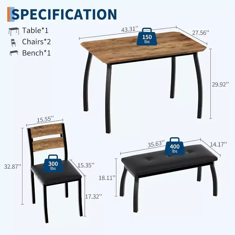 Ensemble de salle à manger Coolmee pour 4 personnes, table de cuisine avec banquette rembourrée et 2 chaises, ensemble de meubles de salle à manger 4 pièces pour petit espace, appartement