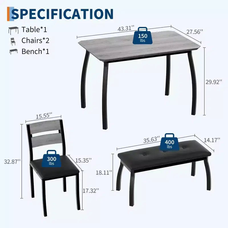 Ensemble de salle à manger Coolmee pour 4 personnes, table de cuisine avec banquette rembourrée et 2 chaises, ensemble de meubles de salle à manger 4 pièces pour petit espace, appartement