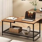 GustoWave Small Wood Coffee Table, 2-Tier Center Table with Mesh Shelf Storage for Living Room, Bedroom, Office, Rustic Brown