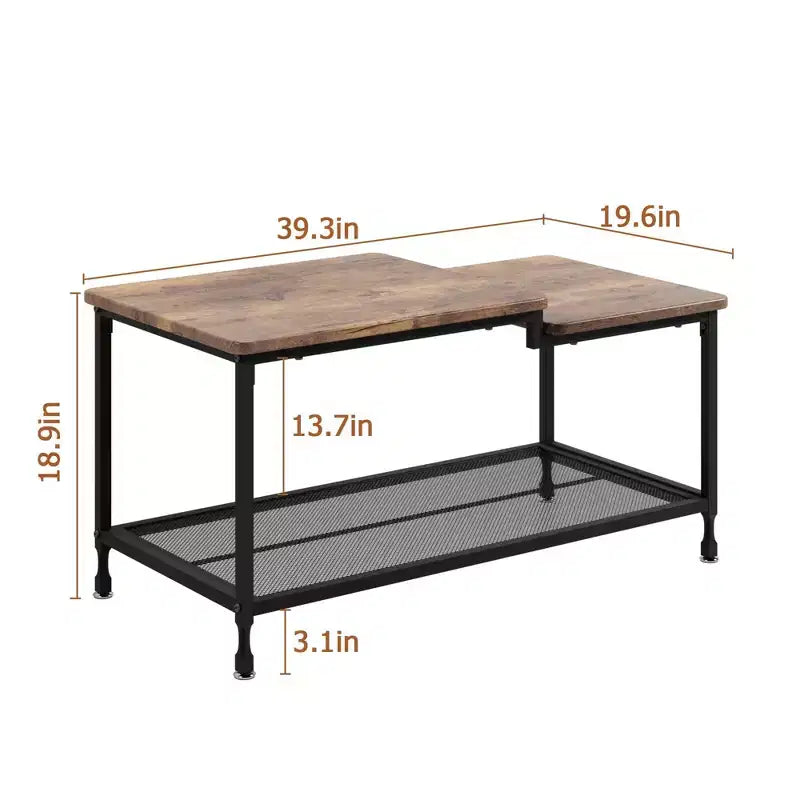 Table basse GustoWave en bois, table d'appoint à 2 niveaux avec étagère en maille pour salon, chambre, bureau, marron rustique