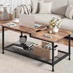 Table basse GustoWave en bois, table d'appoint à 2 niveaux avec étagère en maille pour salon, chambre, bureau, marron rustique