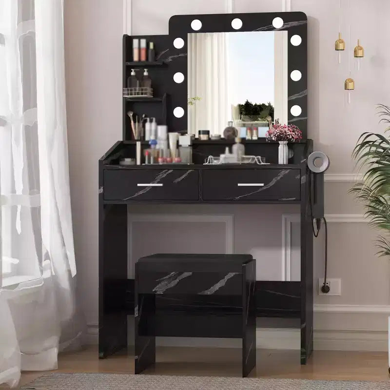 Coiffeuse de Maquillage avec Lumières, Bureau de Maquillage avec Miroir et Lumières, Grand Tiroir et Armoire de Rangement à Deux Étages, 3 Modes d'Éclairage