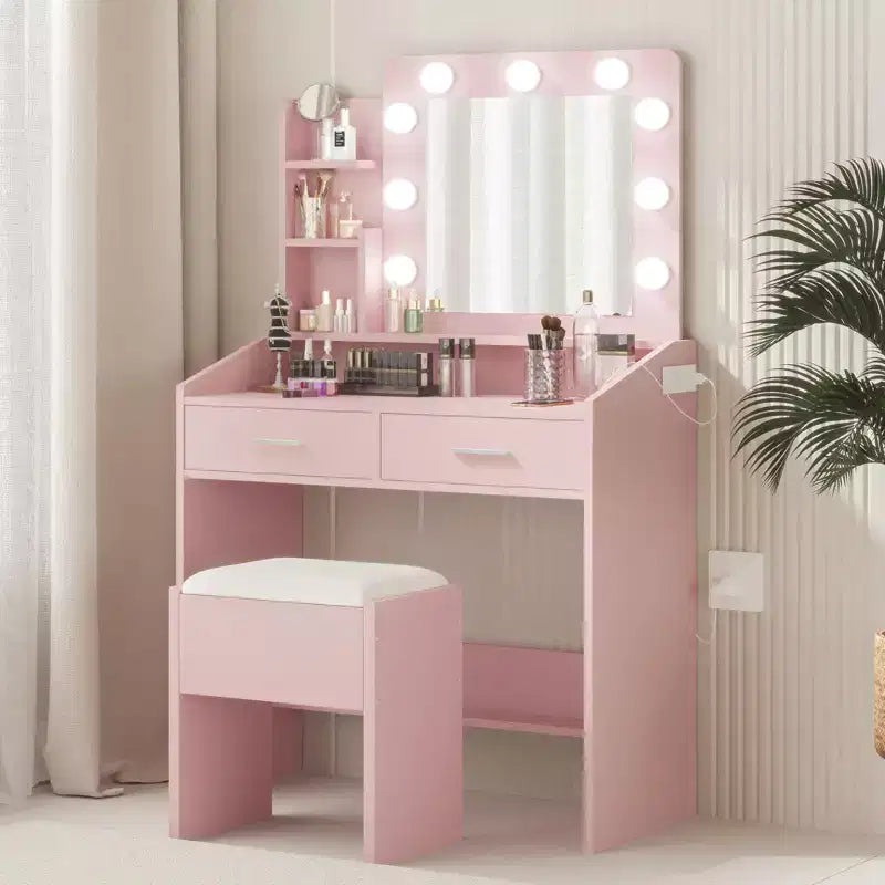 Coiffeuse de Maquillage avec Lumières, Bureau de Maquillage avec Miroir et Lumières, Grand Tiroir et Armoire de Rangement à Deux Étages, 3 Modes d'Éclairage