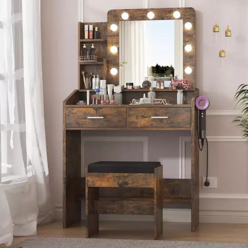 Coiffeuse de Maquillage avec Lumières, Bureau de Maquillage avec Miroir et Lumières, Grand Tiroir et Armoire de Rangement à Deux Étages, 3 Modes d'Éclairage