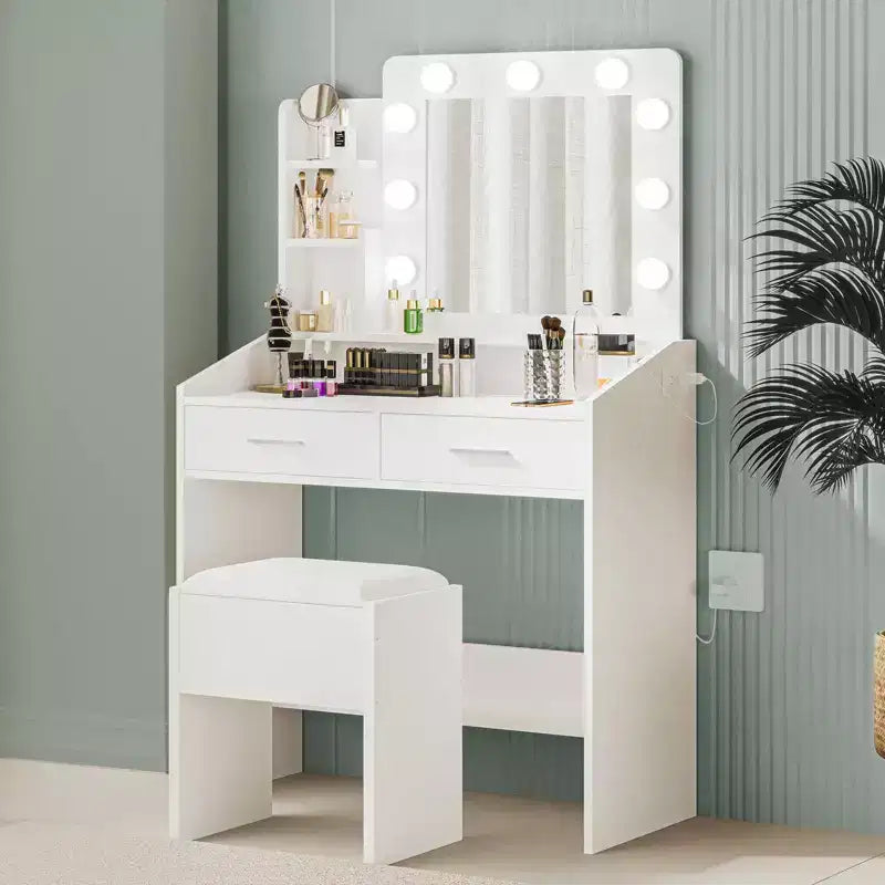 Coiffeuse de Maquillage avec Lumières, Bureau de Maquillage avec Miroir et Lumières, Grand Tiroir et Armoire de Rangement à Deux Étages, 3 Modes d'Éclairage