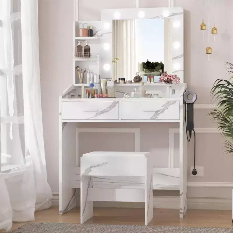 Coiffeuse de Maquillage avec Lumières, Bureau de Maquillage avec Miroir et Lumières, Grand Tiroir et Armoire de Rangement à Deux Étages, 3 Modes d'Éclairage
