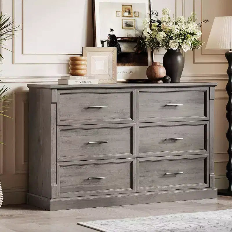 COZONY 47 Commode de ferme à 6 tiroirs, double commode rustique en bois avec poignées en métal pour chambre, salon et rangement de couloir