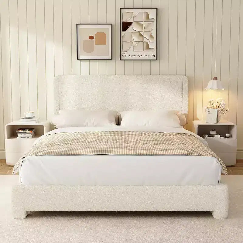 Cadre de lit Dyonery Boucle, cadre de lit moderne crème avec tête de lit, coins arrondis doux, aucun sommier tapissier requis, tête de lit réglable, assemblage facile