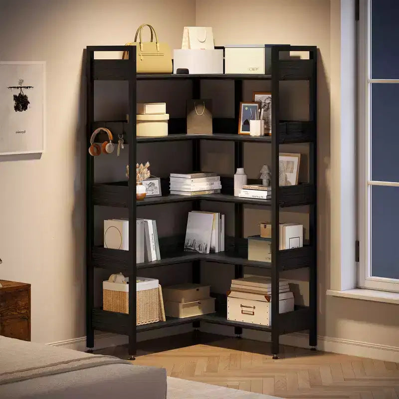 Étagère d'angle convertible à 5 niveaux, Bibliothèque industrielle en forme de L avec rangement pour la maison, le bureau et le salon