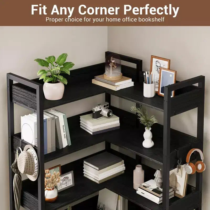Étagère d'angle convertible à 5 niveaux, Bibliothèque industrielle en forme de L avec rangement pour la maison, le bureau et le salon
