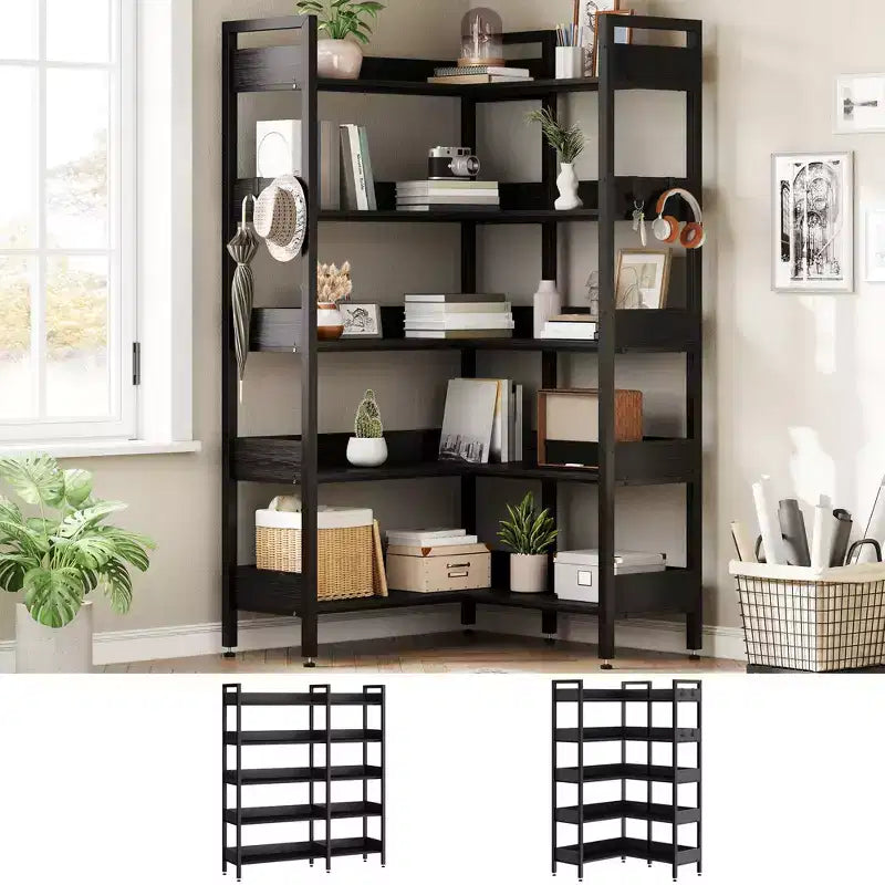 5-Tier Convertible Corner Bookshelf, L-Shaped Industrial Bookcase with Storage Display for Home, Office & Living Room